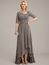 A-line Asymmetrical Asymmetrical Lace Chiffon Mother of the Bride Dress With Pleated Sequins